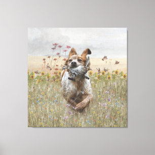 Brittany Spaniel hunting quail , Art Canvas Print