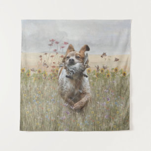 Brittany Spaniel hunting quail , Art Tapestry