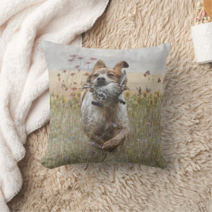 Brittany Spaniel hunting quail , Art Throw Pillow