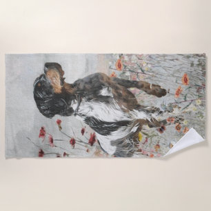Brittany Spaniel hunts in the field Beach Towel