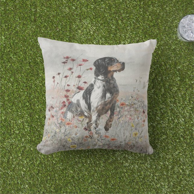 Brittany Spaniel hunts in the field      Outdoor Pillow (Grass)