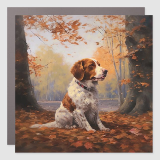 Brittany Spaniel in Autumn Leaves Fall Inspire  Car Magnet (Front)