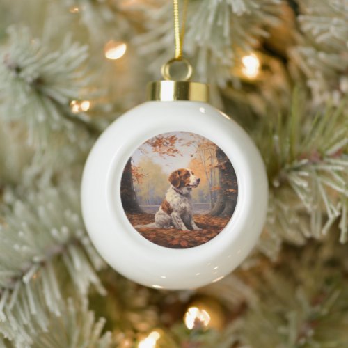 Brittany Spaniel in Autumn Leaves Fall Inspire  Ceramic Ball Christmas Ornament
