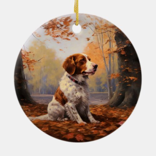 Brittany Spaniel in Autumn Leaves Fall Inspire  Ceramic Ornament