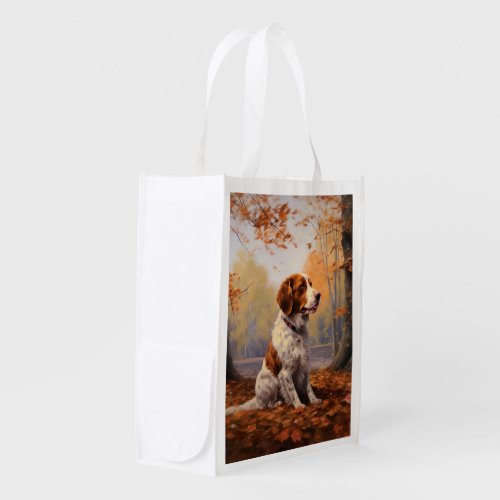 Brittany Spaniel in Autumn Leaves Fall Inspire  Grocery Bag