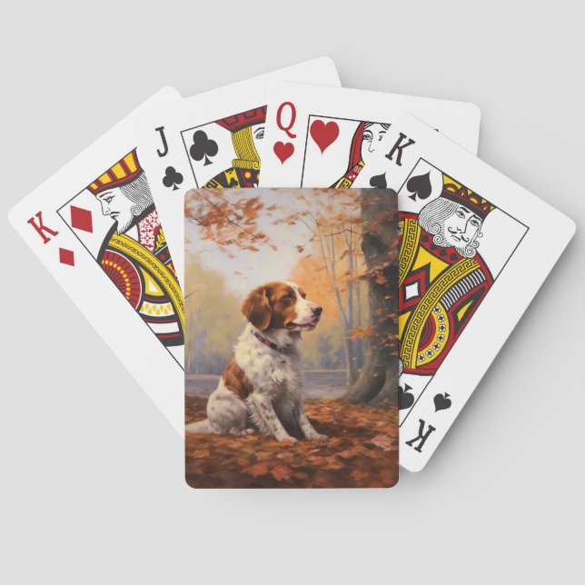 Brittany Spaniel in Autumn Leaves Fall Inspire  Poker Cards (Back)