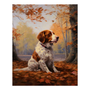 Brittany Spaniel in Autumn Leaves Fall Inspire Poster