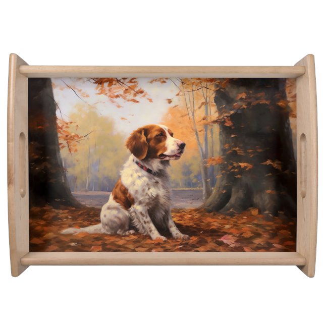 Brittany Spaniel in Autumn Leaves Fall Inspire  Serving Tray (Front)