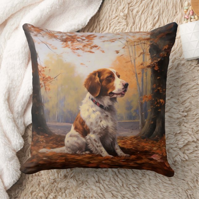 Brittany Spaniel in Autumn Leaves Fall Inspire  Throw Pillow (Blanket)
