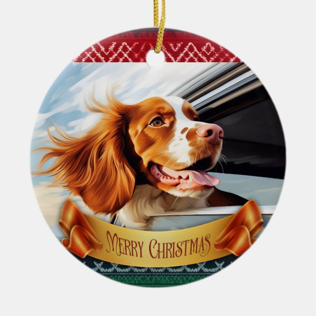 Brittany spaniel in Car Window Ceramic Ornament (Front)