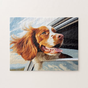 Brittany spaniel in Car Window Jigsaw Puzzle