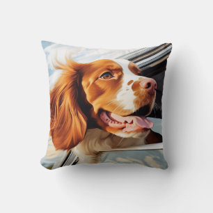 Brittany spaniel in Car Window Throw Pillow