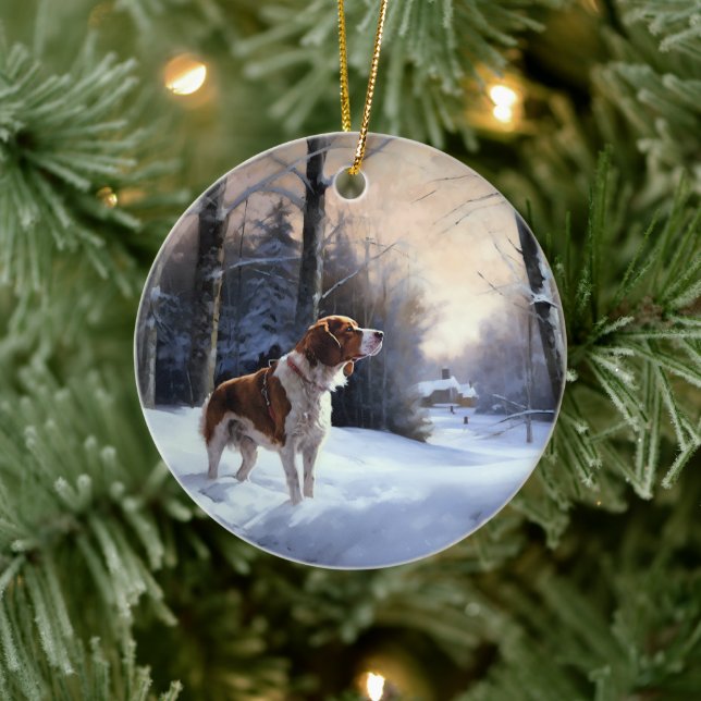 Brittany Spaniel Let It Snow Christmas Ceramic Ornament (Tree)