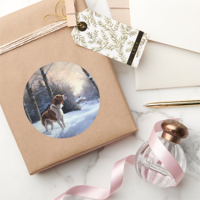 Brittany Spaniel Let It Snow Christmas Classic Round Sticker (Gifting)