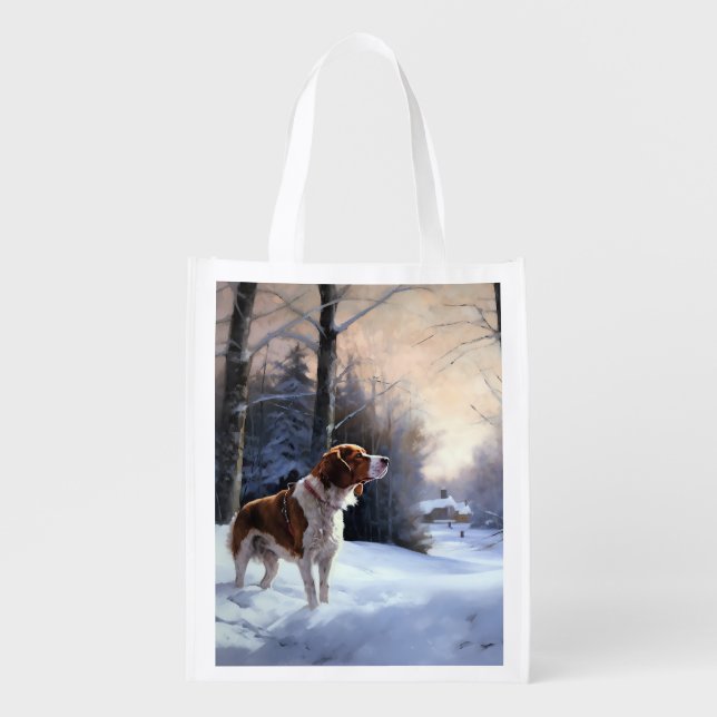 Brittany Spaniel Let It Snow Christmas Grocery Bag (Front)