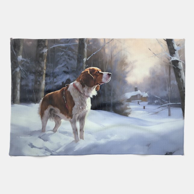 Brittany Spaniel Let It Snow Christmas Kitchen Towel (Horizontal)