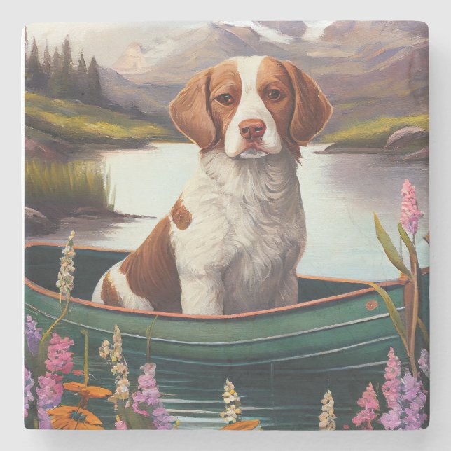 Brittany Spaniel on a Paddle: A Scenic Adventure Stone Coaster (Front)