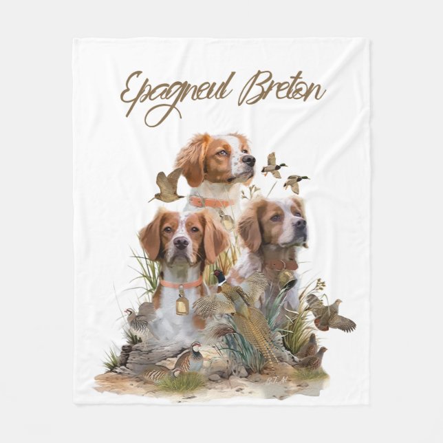 Brittany Spaniel , Passion for Birds Fleece Blanket (Front)