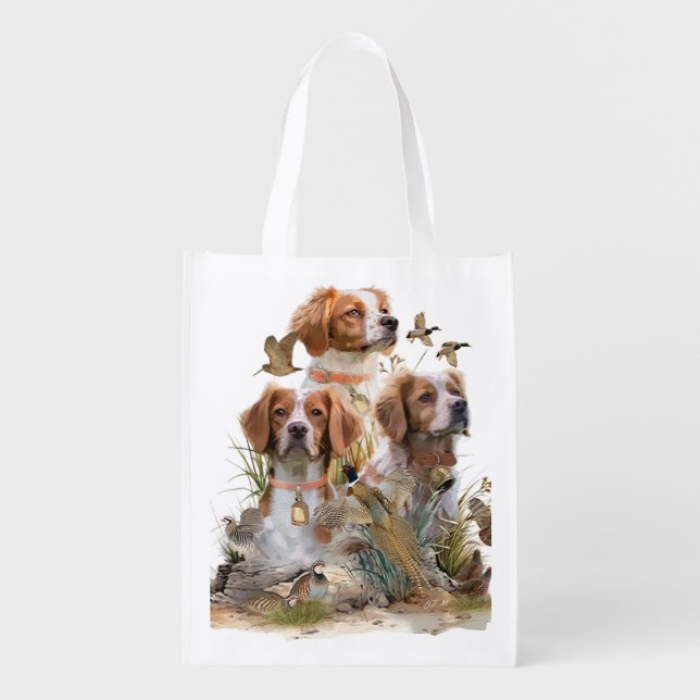 Brittany Spaniel , Passion for Birds Grocery Bag (Front)