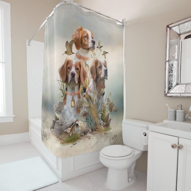 Brittany Spaniel , Passion for Birds Shower Curtain (In Situ)