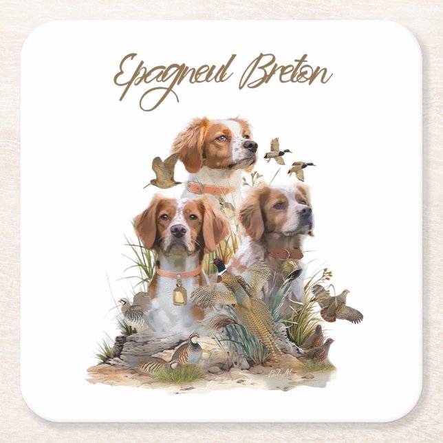 Brittany Spaniel , Passion for Birds Square Paper Coaster (Front)