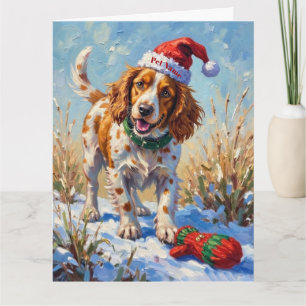 Brittany Spaniel Pointing at Santa's Glove Hat Card