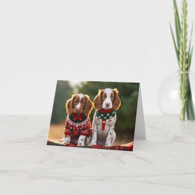 Brittany Spaniel Puppies Christmas Card (Front)