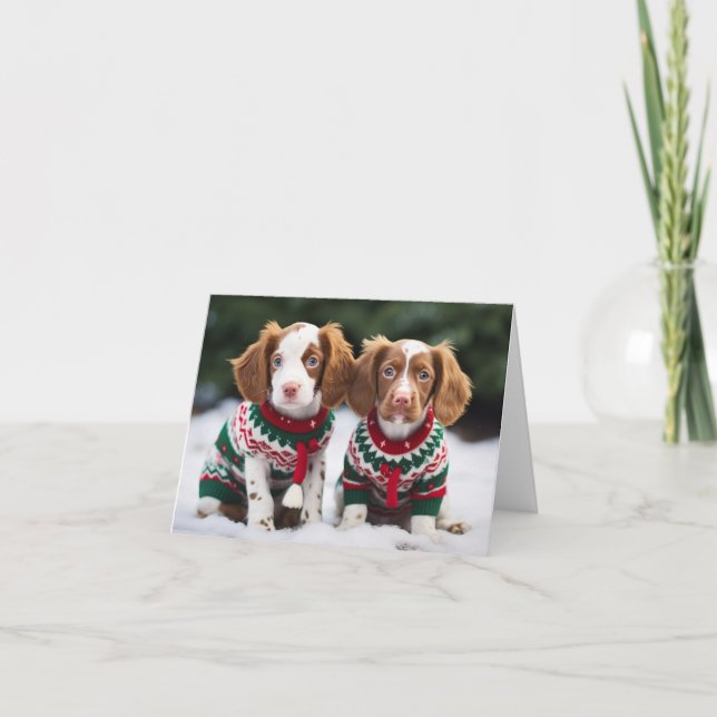 Brittany Spaniel Puppies Christmas Card (Front)