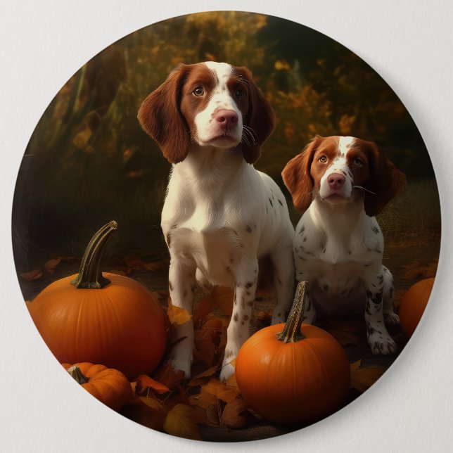 Brittany Spaniel Puppy Autumn Delight Pumpkin  Button (Front)