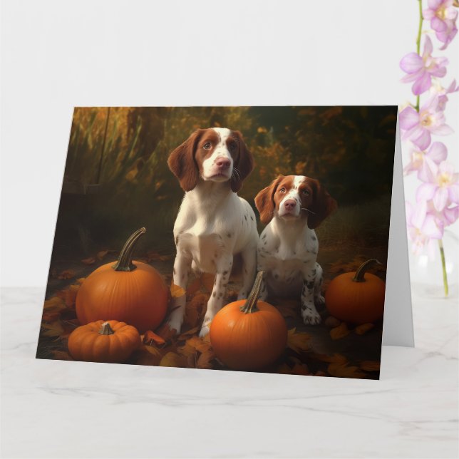 Brittany Spaniel Puppy Autumn Delight Pumpkin  Card (Orchid)