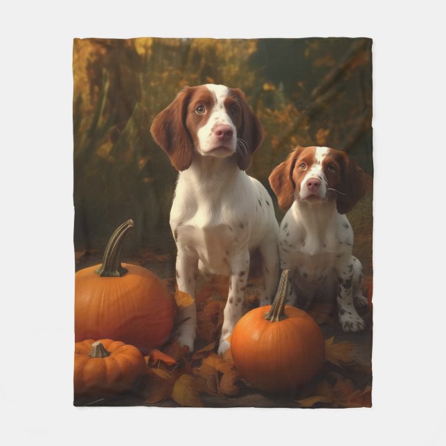 Brittany Spaniel Puppy Autumn Delight Pumpkin  Fleece Blanket (Front)
