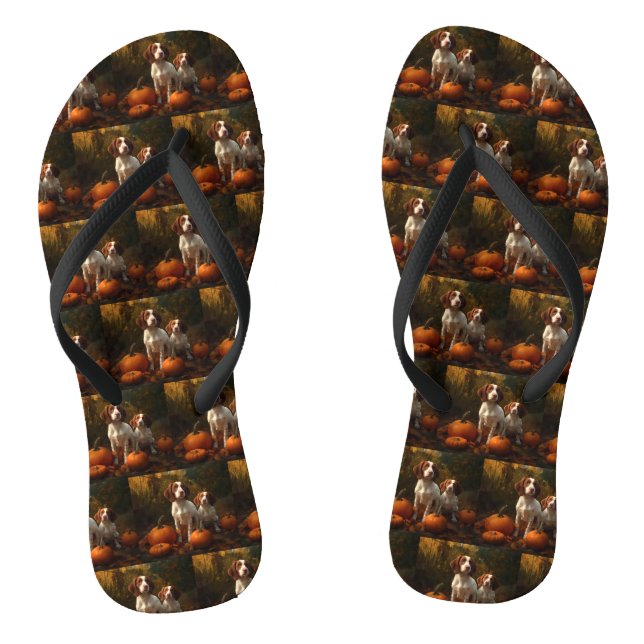 Brittany Spaniel Puppy Autumn Delight Pumpkin  Flip Flops (Footbed)