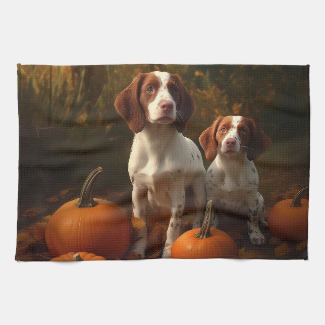 Brittany Spaniel Puppy Autumn Delight Pumpkin  Kitchen Towel (Horizontal)