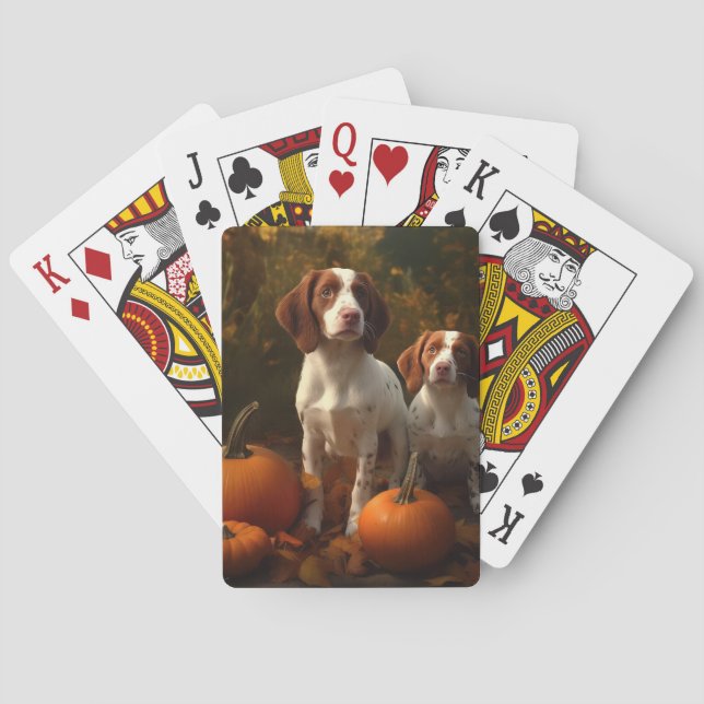 Brittany Spaniel Puppy Autumn Delight Pumpkin  Poker Cards (Back)