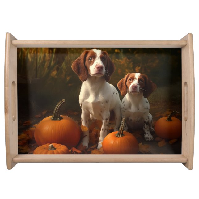 Brittany Spaniel Puppy Autumn Delight Pumpkin  Serving Tray (Front)