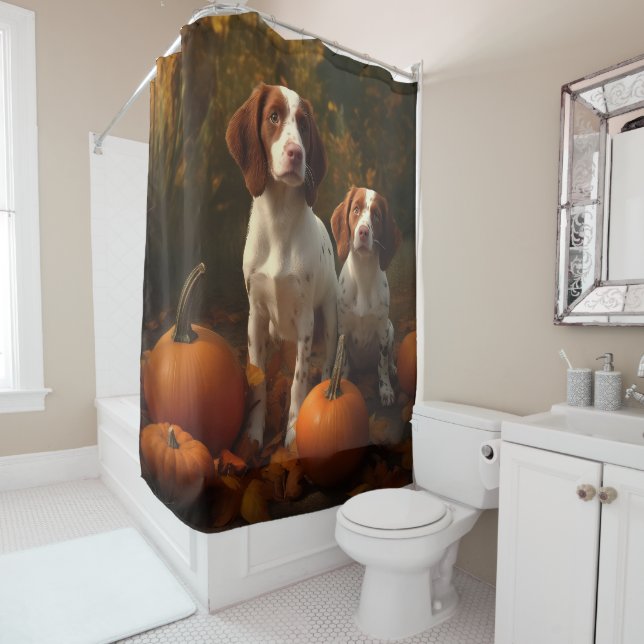 Brittany Spaniel Puppy Autumn Delight Pumpkin  Shower Curtain (In Situ)