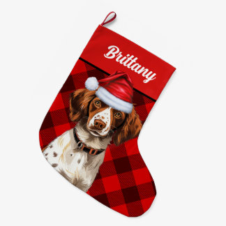 Brittany Spaniel Red Buffalo Plaid Personalized Large Christmas Stocking