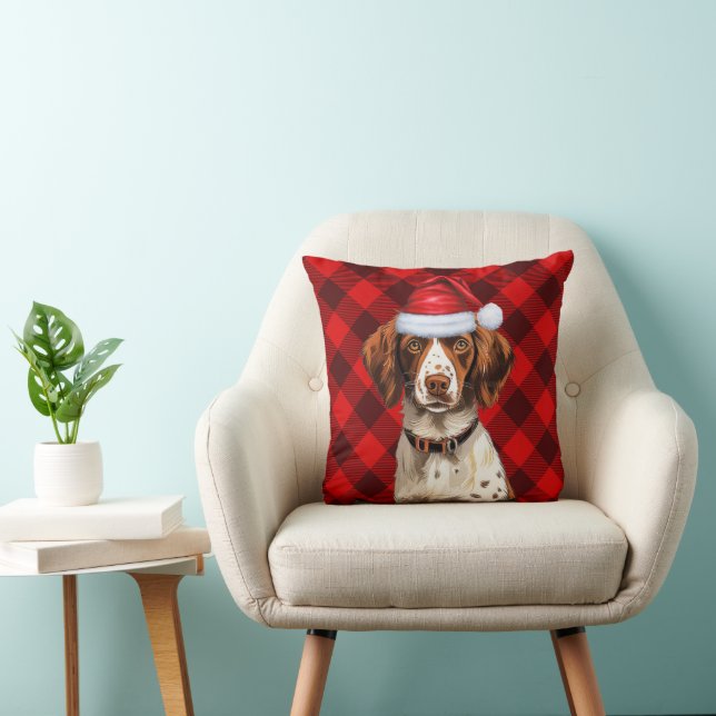 Brittany Spaniel Red Plaid Christmas Holiday Throw Pillow (Chair)