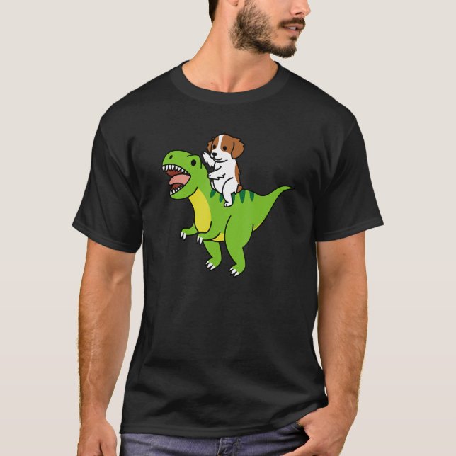 Brittany Spaniel Riding Rex Dinosaur Dog T-Shirt (Front)