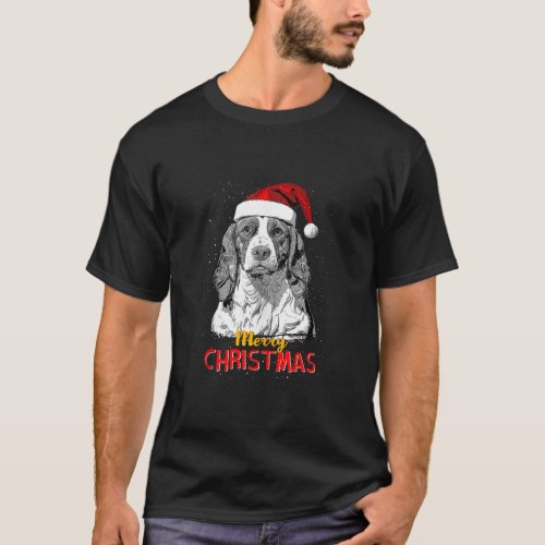 Brittany Spaniel Santa Claus Hat Merry Christmas D T_Shirt