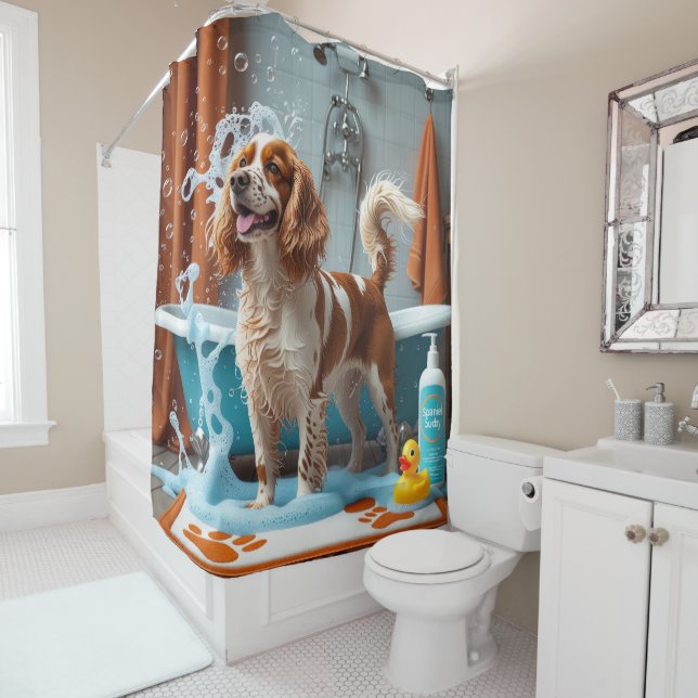 Brittany Spaniel Sloppy Sleepy Cute Funny  Shower Curtain (In Situ)