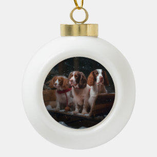 Brittany Spaniel Snowy Sleigh Christmas Decor  Ceramic Ball Christmas Ornament
