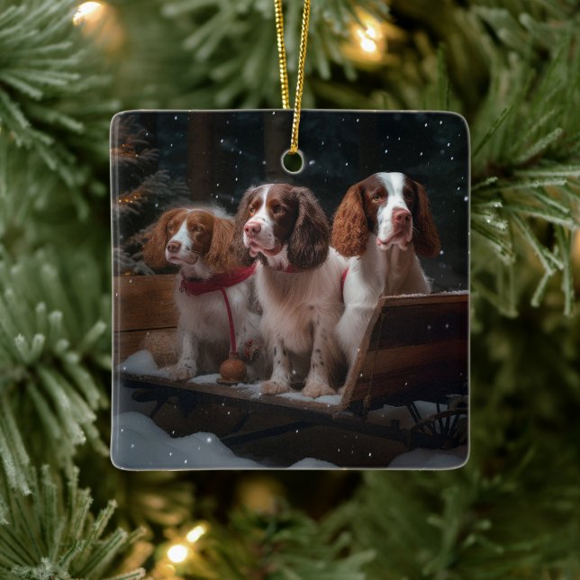 Brittany Spaniel Snowy Sleigh Christmas Decor   Ceramic Ornament (Tree)