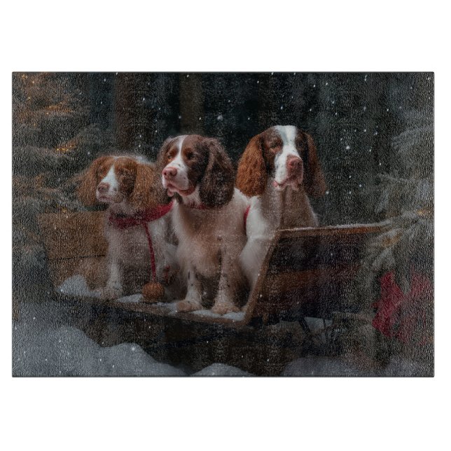 Brittany Spaniel Snowy Sleigh Christmas Decor  Cutting Board (Front)