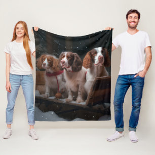 Brittany Spaniel Snowy Sleigh Christmas Decor   Fleece Blanket