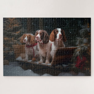Brittany Spaniel Snowy Sleigh Christmas Decor Jigsaw Puzzle