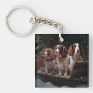 Brittany Spaniel Snowy Sleigh Christmas Decor Keychain