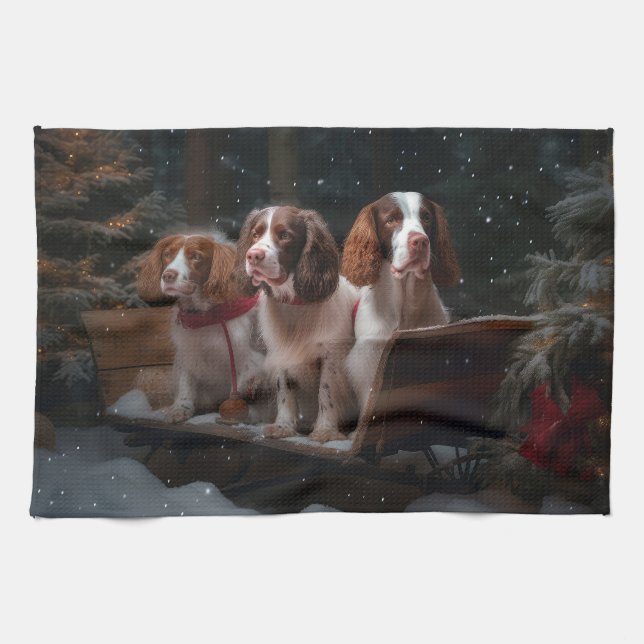 Brittany Spaniel Snowy Sleigh Christmas Decor   Kitchen Towel (Horizontal)