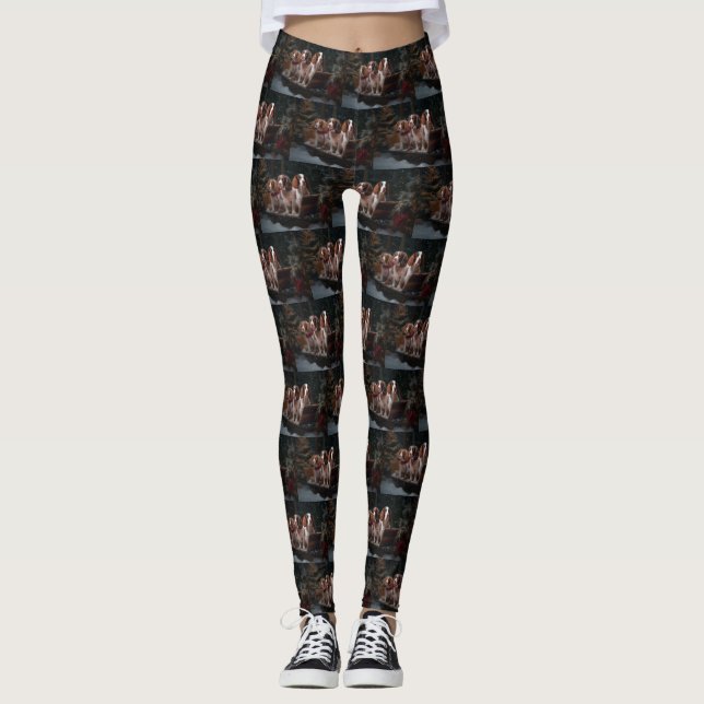 Brittany Spaniel Snowy Sleigh Christmas Decor  Leggings (Front)
