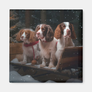 Brittany Spaniel Snowy Sleigh Christmas Decor   Magnet